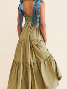 Free People Tiered Maxi Dress with Blue Tie Straps - Sage S